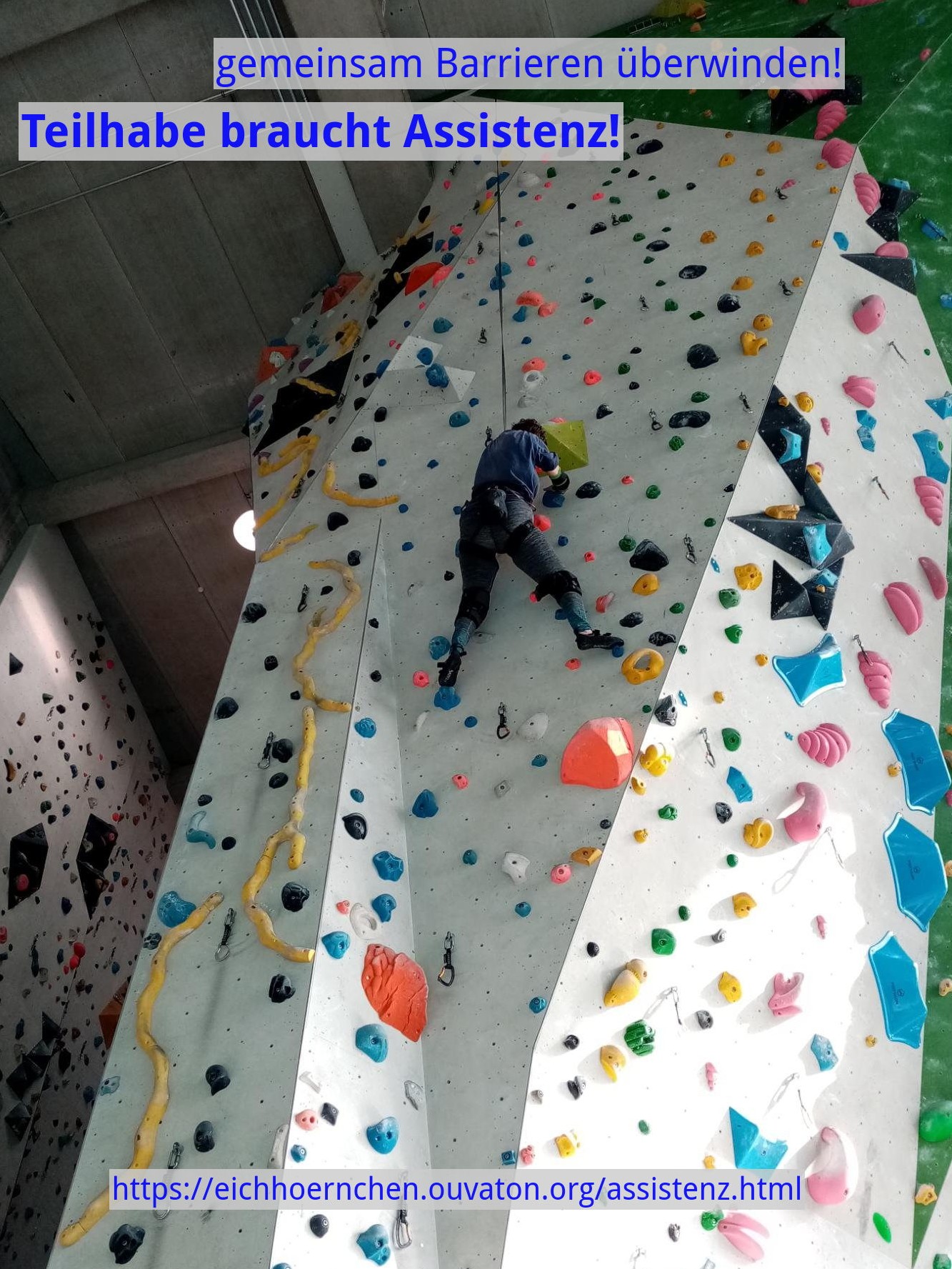 kletterin an einer Kletterwand in der Halle, mit bunten Griffen