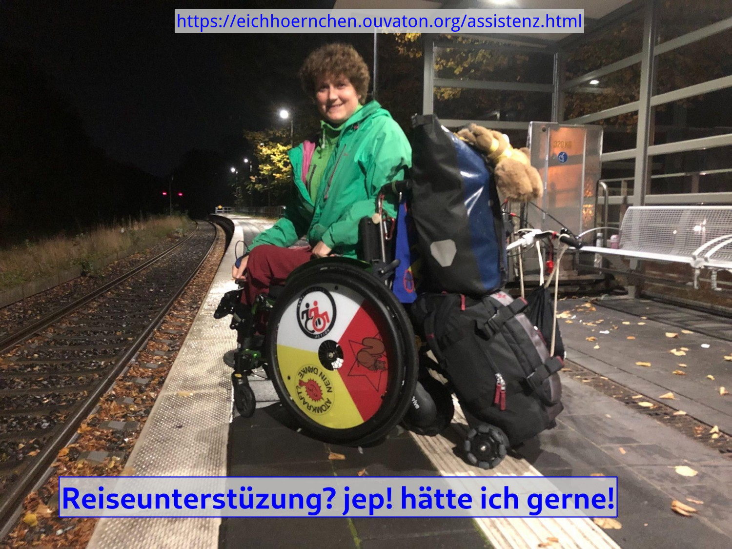 Rollstuhlfahrerin mit viel Gepäck, einem hänger